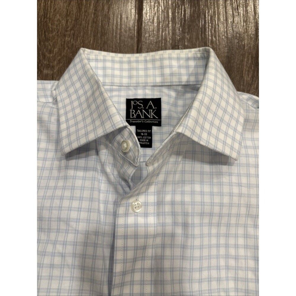 Jos A Banks Travelers Long Sleeve Dress Shirt Blue Windowpane Size 16/33 EUC